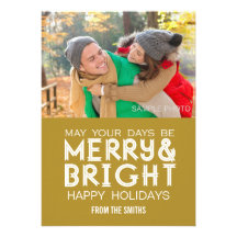 MERRY AND BRIGHT HAPPY HOLIDAYS PHOTO CARD GOLD PERSONALIZED INVITATIONS