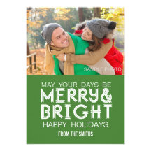 MERRY AND BRIGHT HAPPY HOLIDAYS PHOTO CARD GREEN ANNOUNCEMENT
