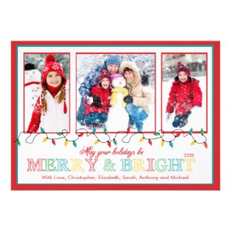 Merry & Bright Christmas Lights 3 Photo Greeting Invite