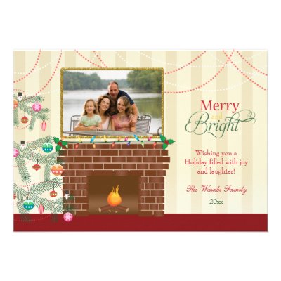 Merry & Bright Christmas tree fireplace photo card