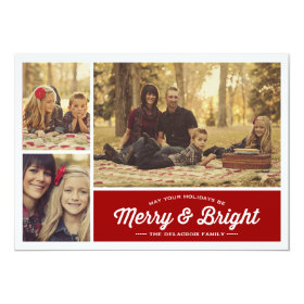 Merry & Bright Ruby 3 Photo Holiday Greeting 5x7 Paper Invitation Card