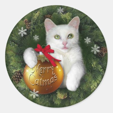Merry Catmas gift tag Round Stickers