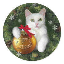 Merry Catmas gift tag Round Stickers