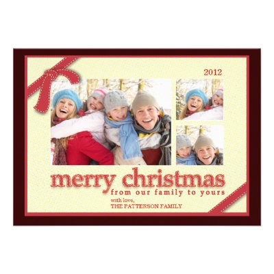 Merry Christmas 3 Photo Red Ribbon Holiday Card