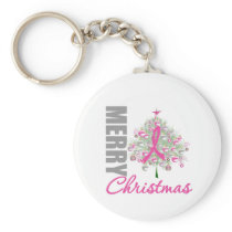 Merry Christmas Breast Cancer Pink Ribbon Wreath Keychains