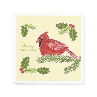 Merry Christmas Cardinal Bird on Branch with Holly Standard Cocktail Napkin