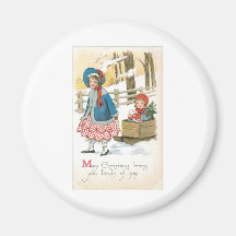Merry Christmas, Children in a Wooden Sleigh Refrigerator Magnets