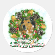 Merry Christmas Collie Round Sticker