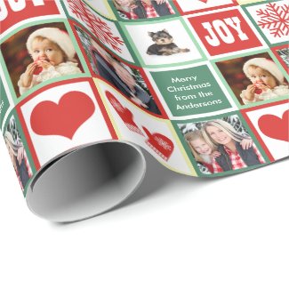 Merry Christmas Custom Family Name and 4 Photos Gift Wrap Paper