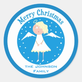 Merry Christmas Custom Name Angel Round Stickers