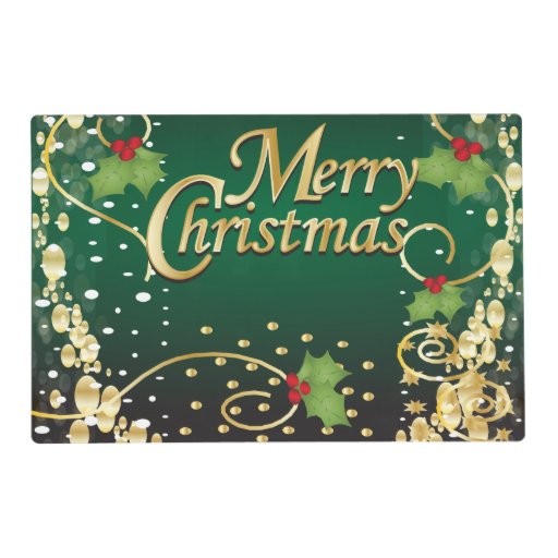 Merry Christmas Festive Dark Green and Gold Placemat Zazzle