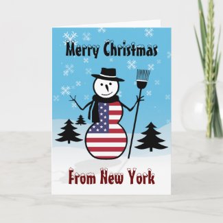 Merry Christmas From New York With Snowman Wearing Stars And Stripes Flag Of USA Christmas card