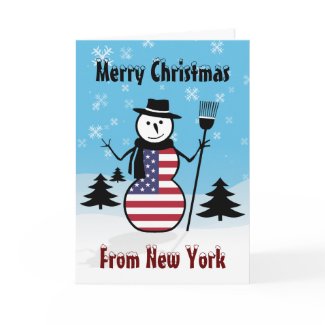 Merry Christmas From New York With Snowman Wearing Stars And Stripes Flag Of USA Christmas card