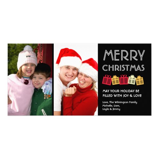 Merry Christmas fun dancing gift boxes black Picture Card
