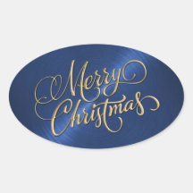 Merry Christmas Gold and Blue Embossed Look Oval Sticker