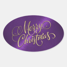 Merry Christmas Gold and Purple Embossed Look Oval Sticker