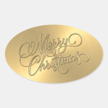 Merry Christmas Gold  Embossed Look Oval Stickers