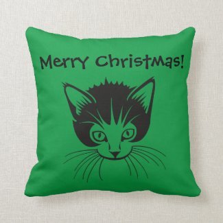 Merry Christmas green and black cat pillow