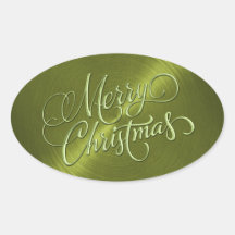 Merry Christmas Green  Embossed Look Oval Stickers
