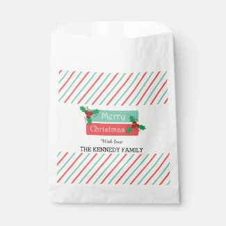 Merry Christmas Holiday Party Holly Berries Stripe Favor Bags