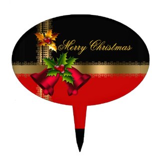 Merry Christmas Holiday Red Bells Black Gold Cake Toppers