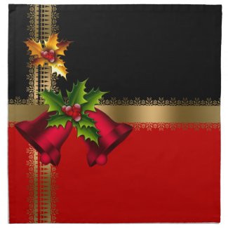 Merry Christmas Holiday Red Bells Black Gold Printed Napkin