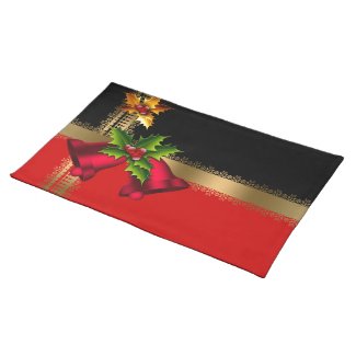 Merry Christmas Holiday Red Bells Black Gold Placemats