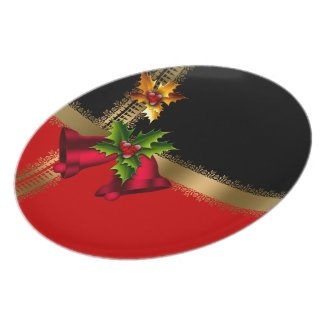 Merry Christmas Holiday Red Bells Black Gold Party Plates