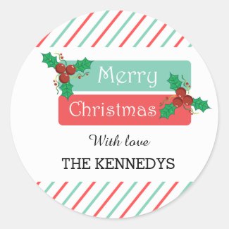 Merry Christmas Holly Berries Candy Cane Stripes Classic Round Sticker