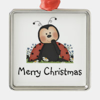 Merry Christmas Ladybug Square Metal Christmas Ornament