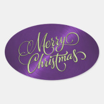 Merry Christmas Lime and Purple Embossed Look Oval Stickers