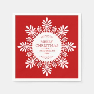 Merry Christmas Ornate White Snowflake Standard Cocktail Napkin