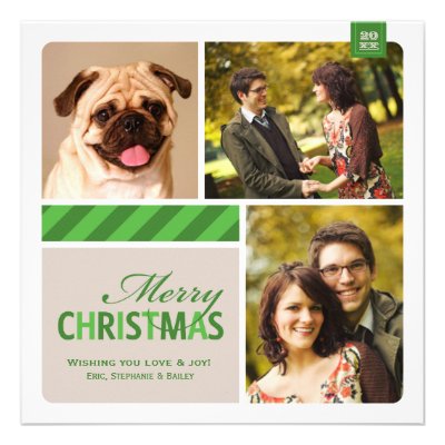 Merry Christmas Photo Collage  | Green White Cream Invites