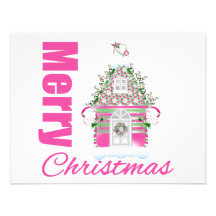 Merry Christmas Pink Decorated Christmas House Custom Invitation