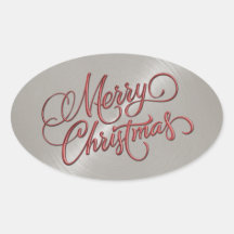 Merry Christmas Red and Gray Embossed Look Oval Stickers