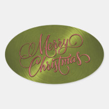 Merry Christmas Red and Green Embossed Look Oval Sticker