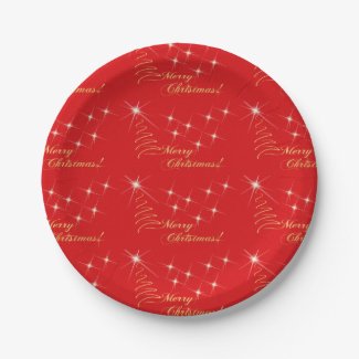 Merry Christmas Red Gold Starry 7 Inch Paper Plate