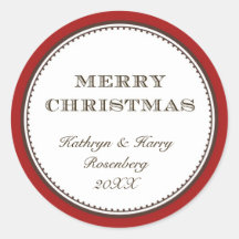 Merry Christmas red white elegant holiday gift tag Round Sticker
