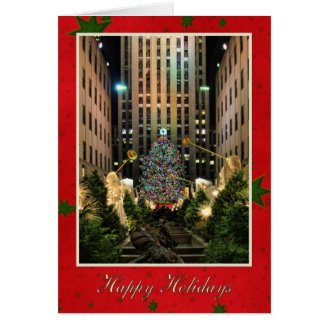 Merry Christmas: Rock Center, Red Green Starry Sky Greeting Cards