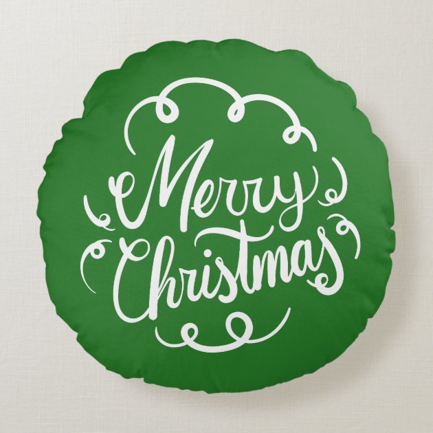 Merry Christmas Script Typography Green Red Round Pillow