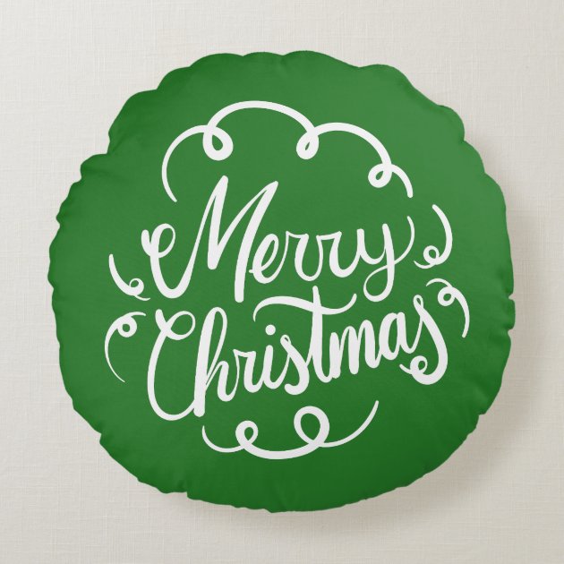 Merry Christmas Script Typography Green Red Round Pillow-0