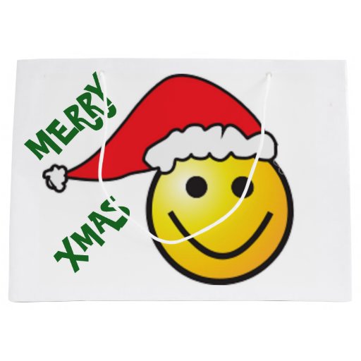 &quot;MERRY CHRISTMAS&quot; SMILEY FACE SANTA LARGE GIFT BAG | Zazzle