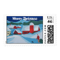 merry Christmas, snowy farm scene Postage Stamp