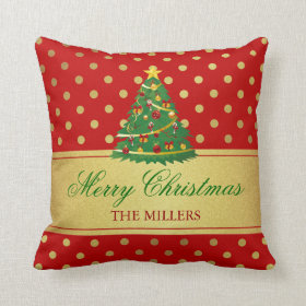 Merry Christmas Tree - Gold Glitter Polka Dots Throw Pillows