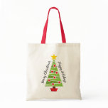 Merry christmas tree with decorations tote bag