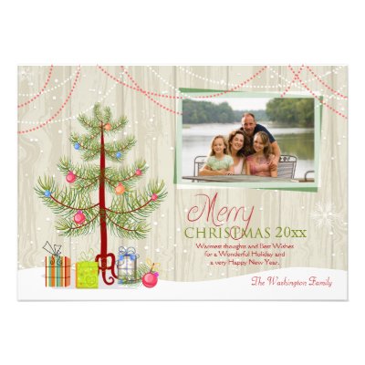 Merry Christmas tree wood plank holiday photo card