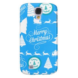 Merry Christmas Trees Santa Reindeer Teal Blue Galaxy S4 Covers