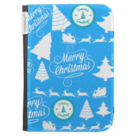 Merry Christmas Trees Santa Reindeer Teal Blue Kindle Cases