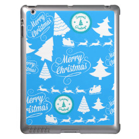 Merry Christmas Trees Santa Reindeer Teal Blue iPad Cases