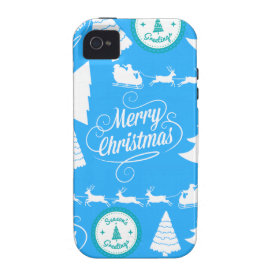 Merry Christmas Trees Santa Reindeer Teal Blue iPhone 4/4S Covers